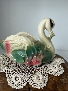 Vintage Ceramic Swan Planter in Cream, Green & Pink
